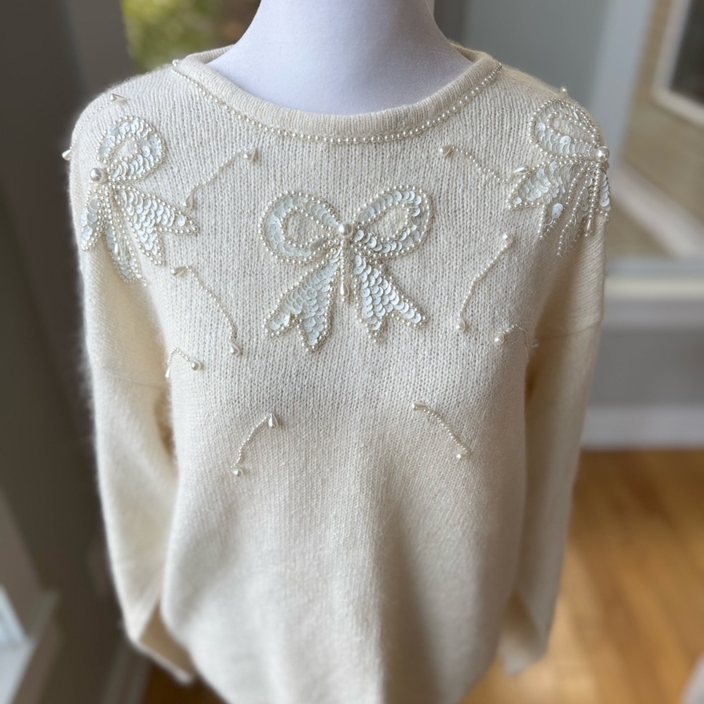 Vintage Silk Angora Beaded Holiday Sweater Sequins Pearls Ivory Cream Sz L